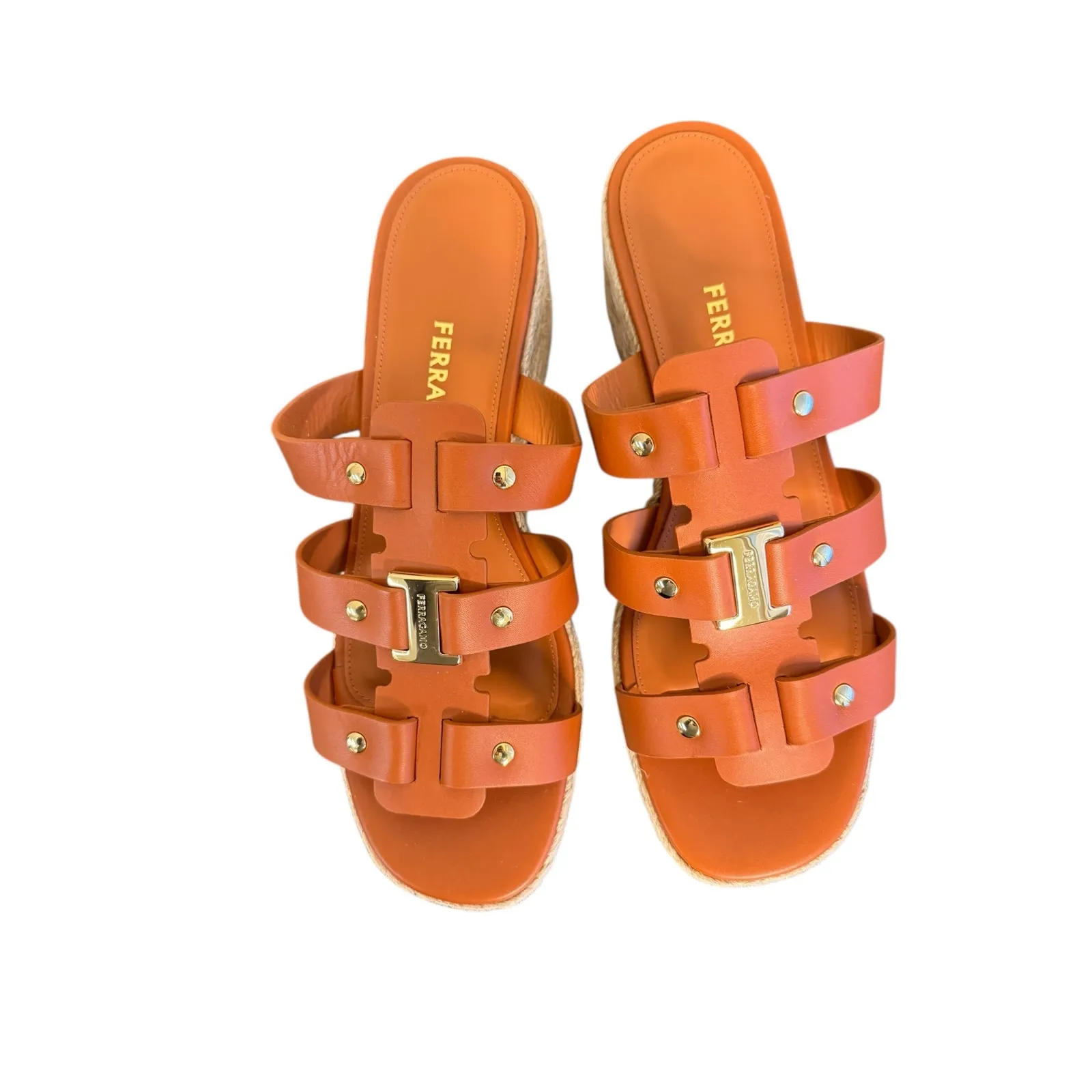 Ferragamo NIB Milica Strappy Leather Platform Sandals in Cognac Size 9.5 - Image 3