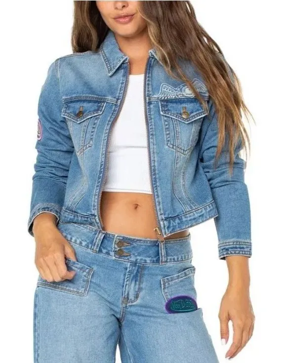 Von Dutch Zip-Front Denim Jacket Light Wash XS NWT Logo Patch Streetwear - Image 1