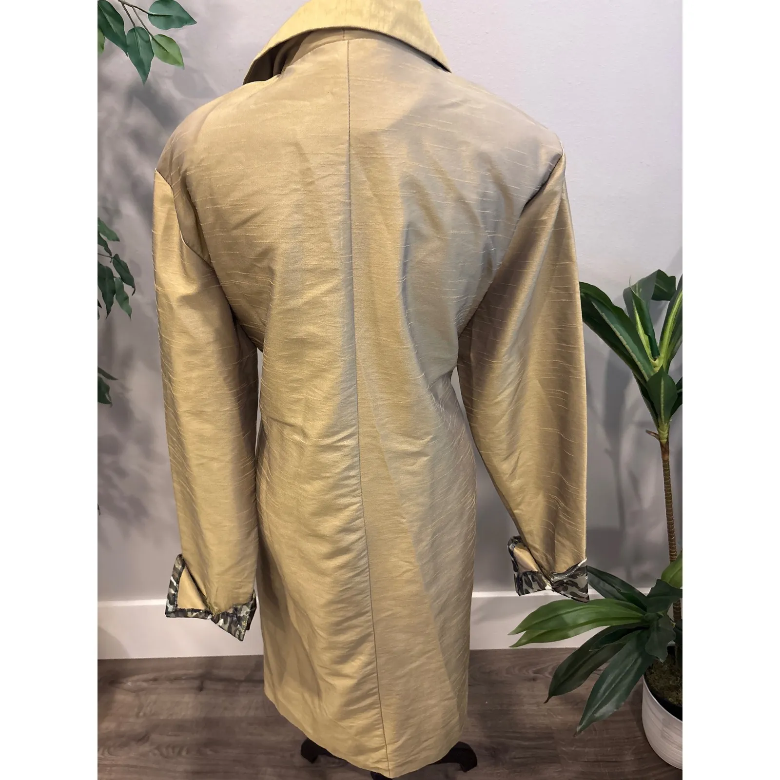 Ashley Stewart Womens Olive Green Leopard Trim Trench Coat Belted Duster - Image 4