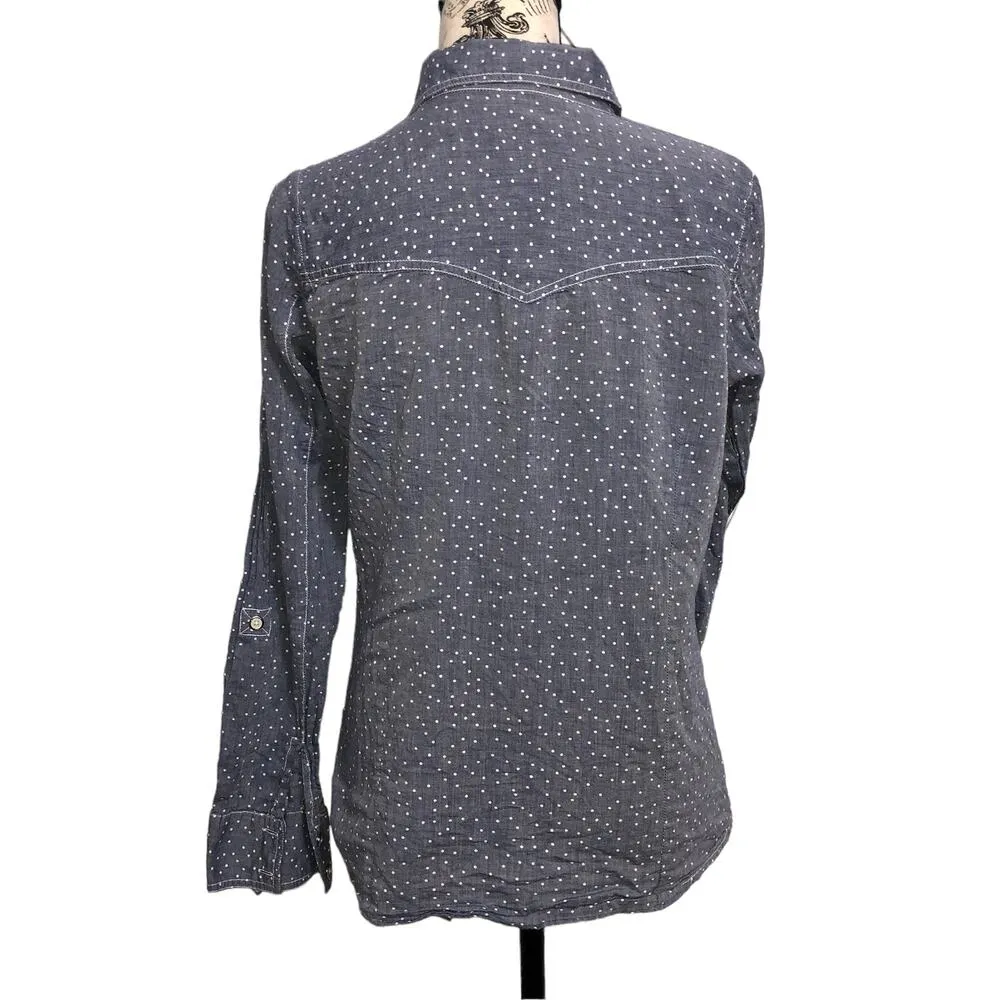 Maurices MEDIUM Navy Polka Dot Button Down Roll-Tab Shirt - Image 5