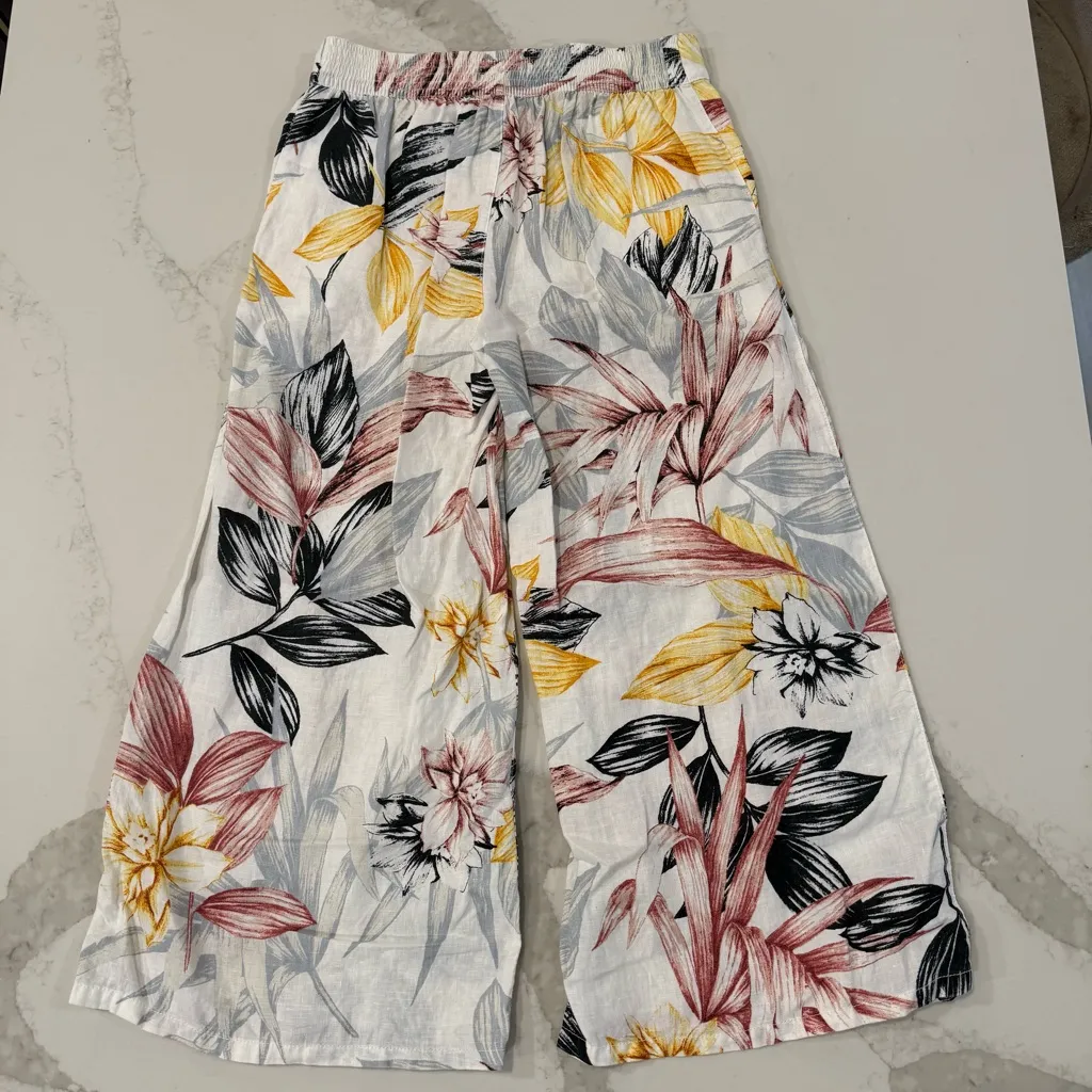 C&C California 100% Linen Tropical Floral Wide Leg Flowy Cropped Pants Womens XS - Image 6