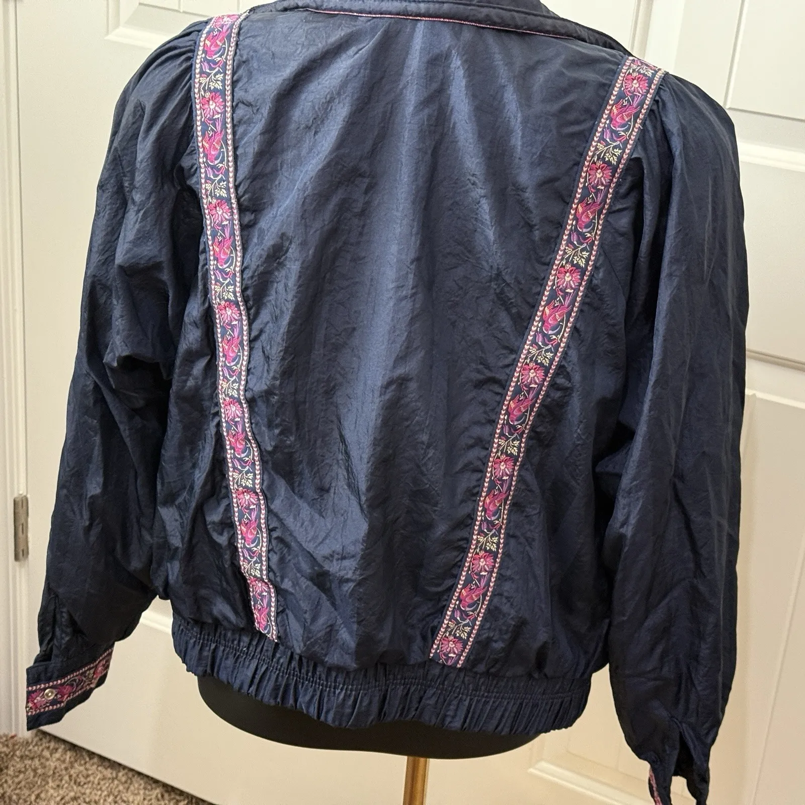 VTG Lily's Of Beverly Hill‎ Windbreaker Jacket Floral Bird Retro Sz Medium Blue - Image 3