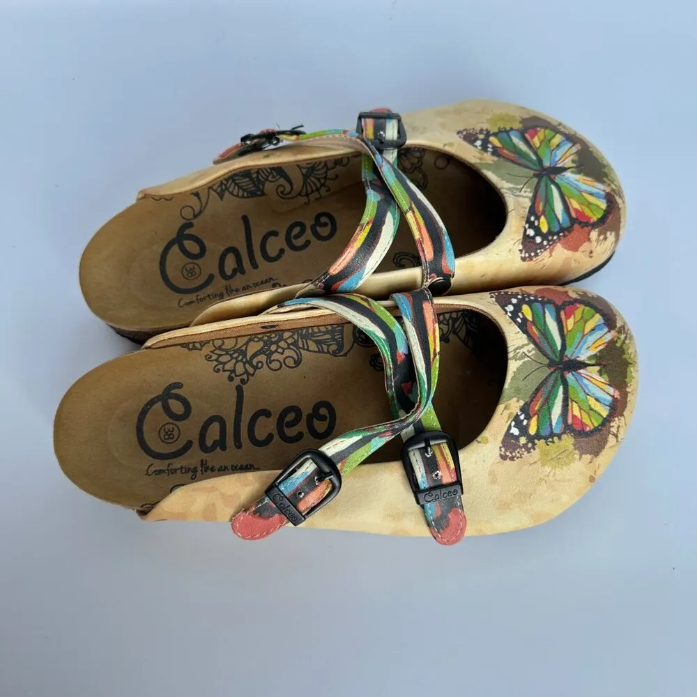 Calceo Colorful Butterfly Patterened Clog‎ Vegan Leather Quirky Garden Artsy Tan Size 7 - Image 3