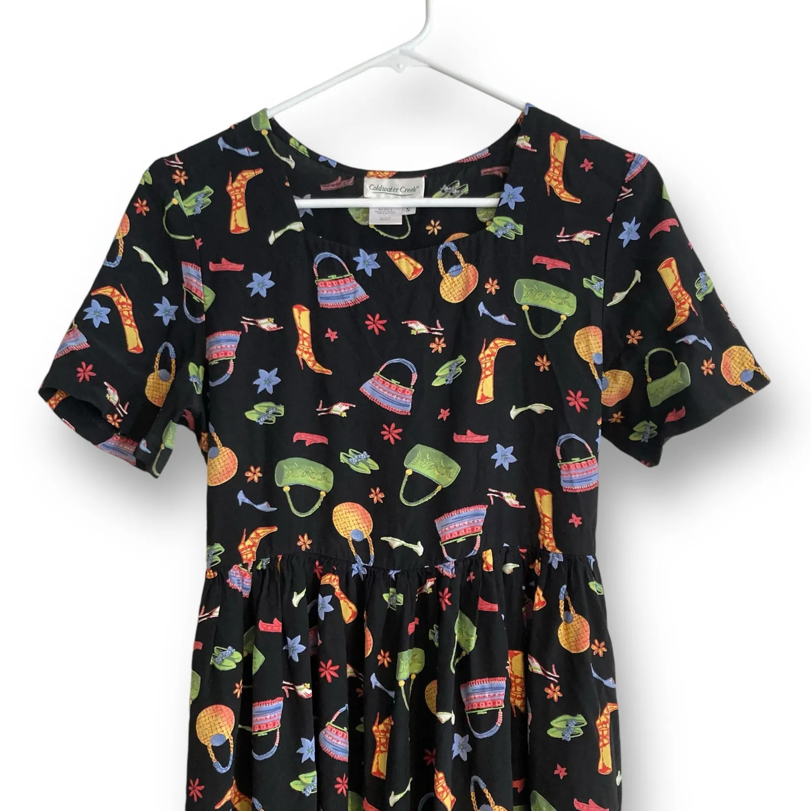 Vintage Y2K Coldwater Creek Black A-Line Dress Whimsical Print Sz Small Rayon - Image 6