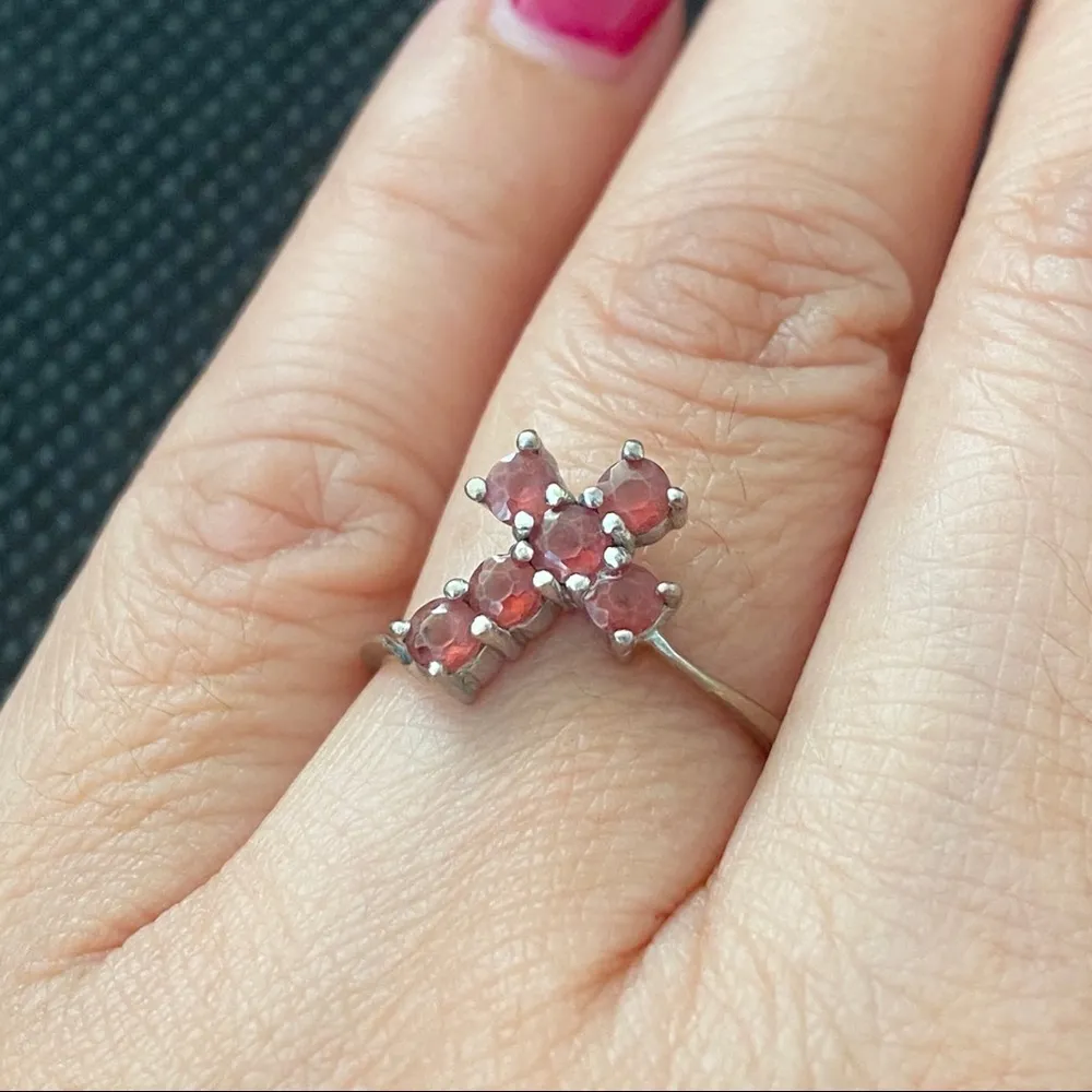 Sterling Silver 925  Signed Garnet Cross Ring 7 - Image 7