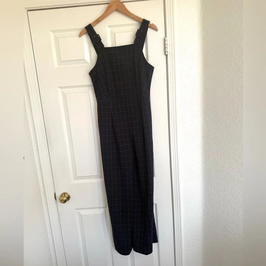 Club Monaco  Dark Blue Grid Window Pane Pattern Jumpsuit 6 Navy - Image 3