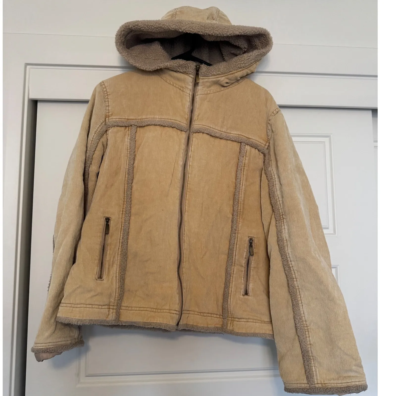 Y2K Vintage Maurices sz XL Corduroy Full Zip Sherpa Satin Lined Jacket Coat 90s Tan - Image 5