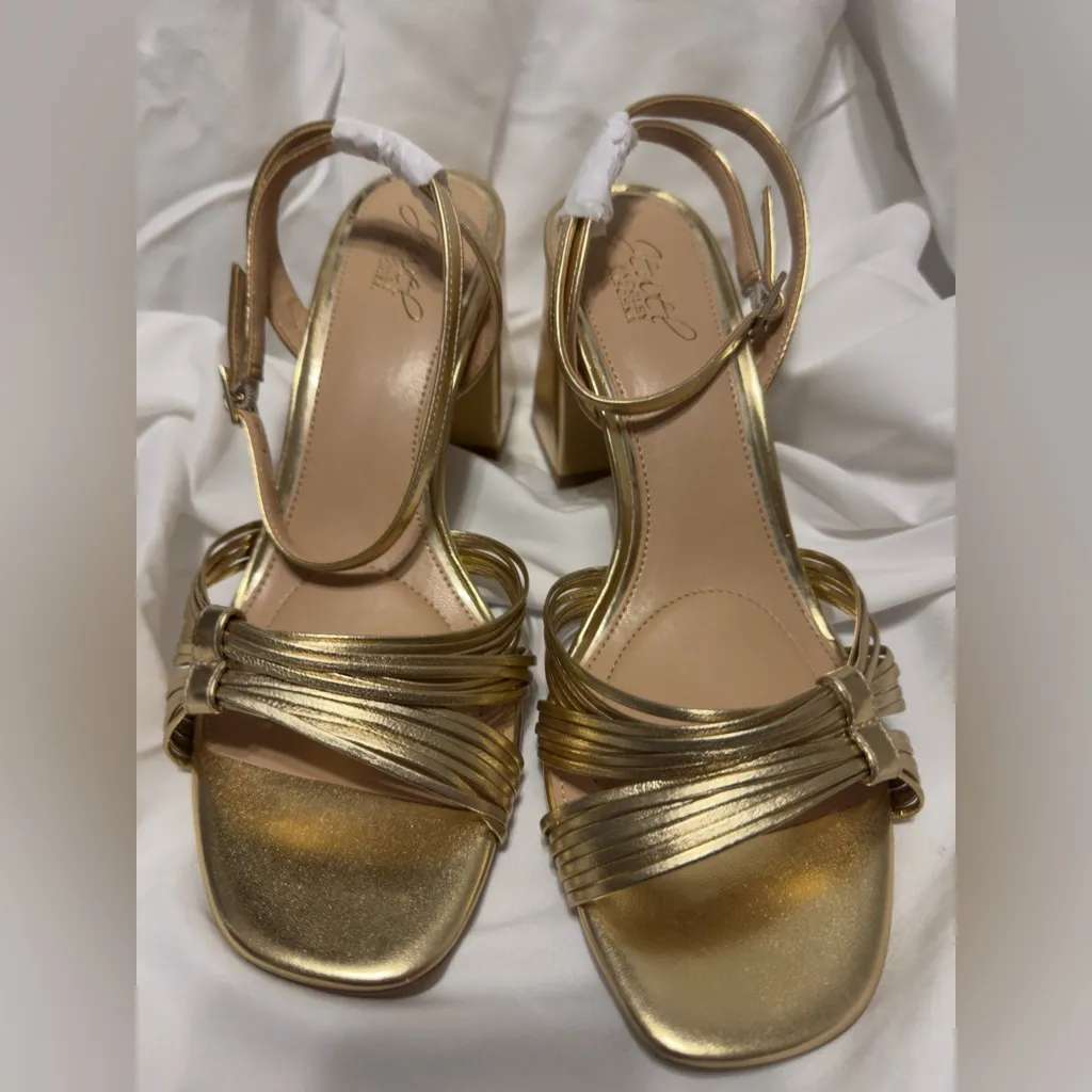 New Jewel Badgley Mischka Michelle Metallic Strappy Block Heels Size 6 Gold - Image 3