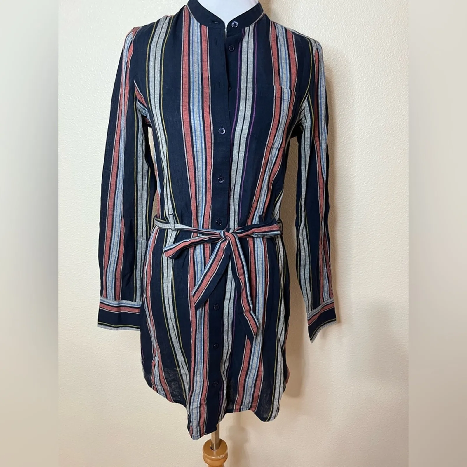 AG Adriano Goldschmied Jett linen cotton striped button mini shirtdress SMALL - Image 2