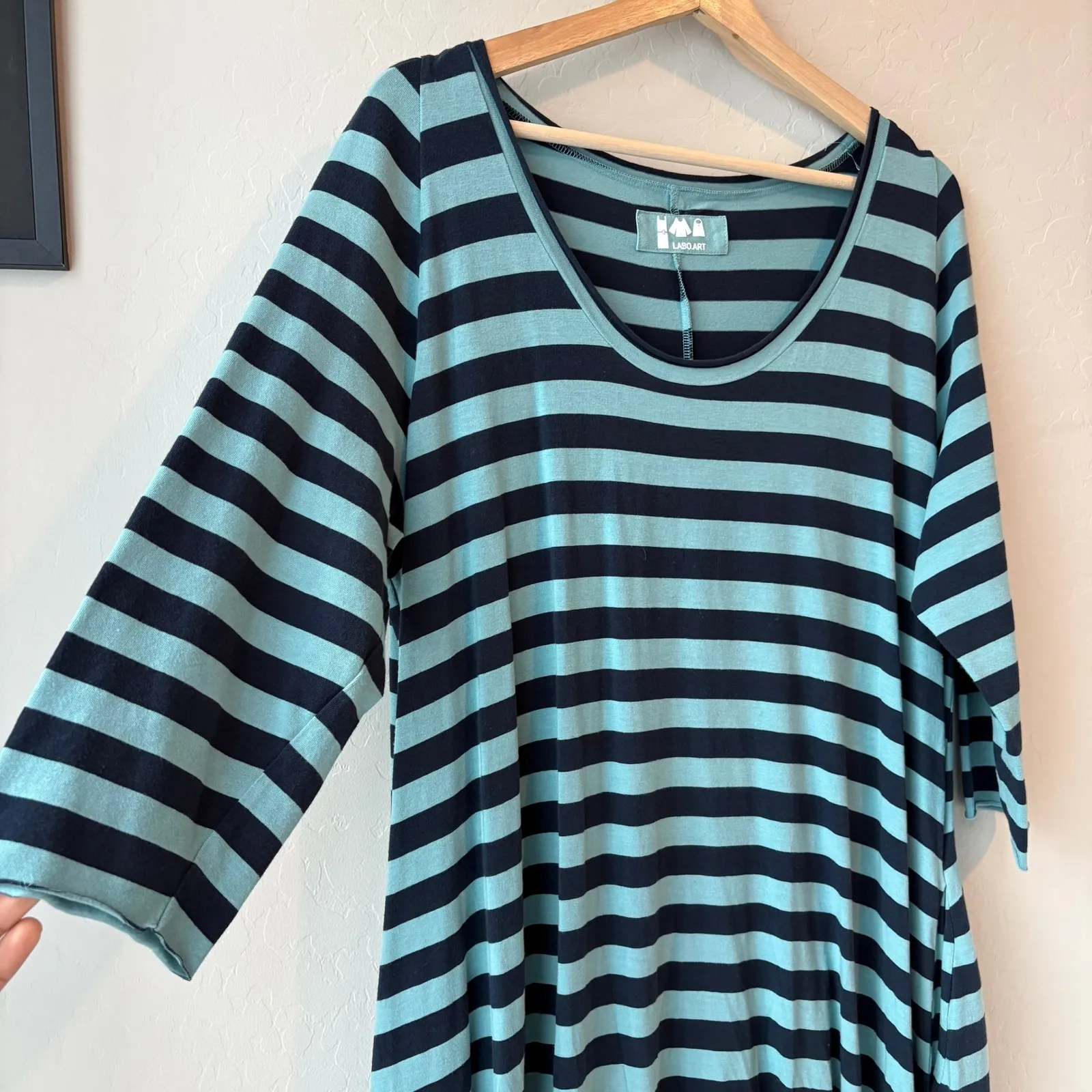 Labo.Art Striped Dress Blue 3/4 Sleeve Scoop Neck Maxi Dress Size 3/L Size L - Image 2