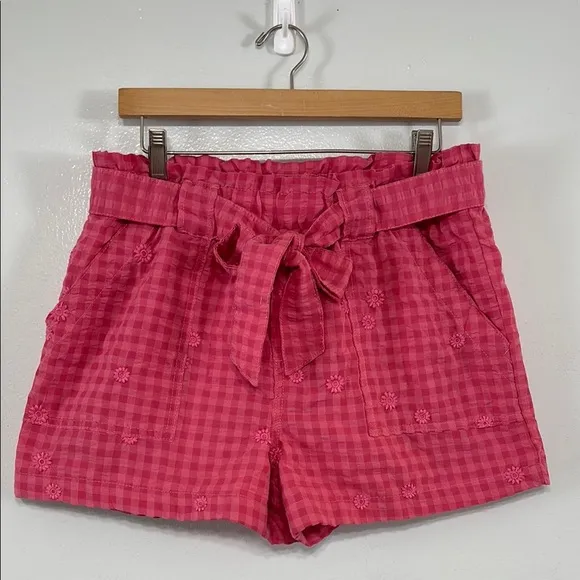 Time & True Pull On Pink Gingham Embroidered Floral Women's Shorts Size M - Image 1