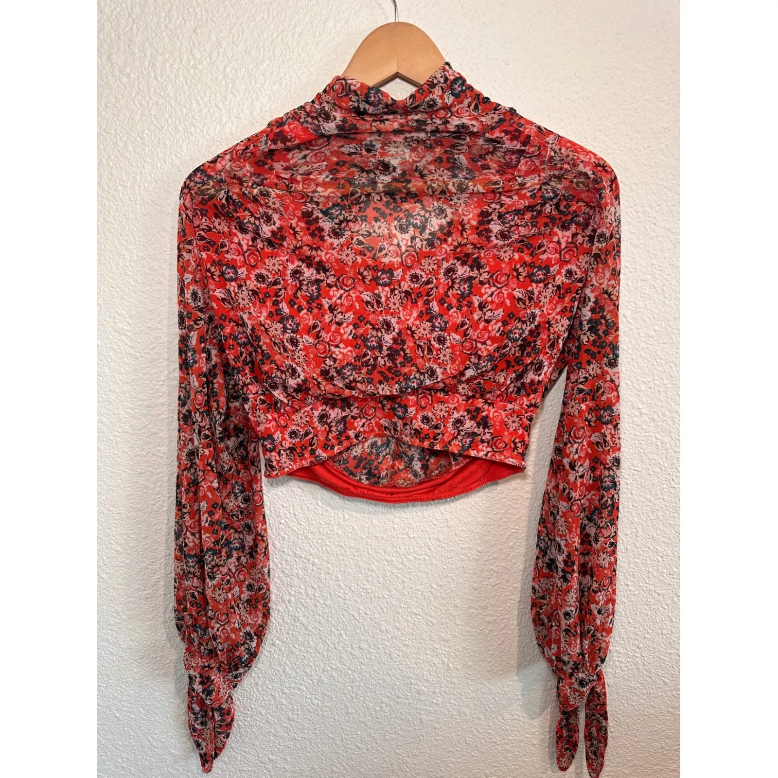 Free People Red Floral Mesh Mock Neck Long Sleeve Cropped Top Sheer - Image 2