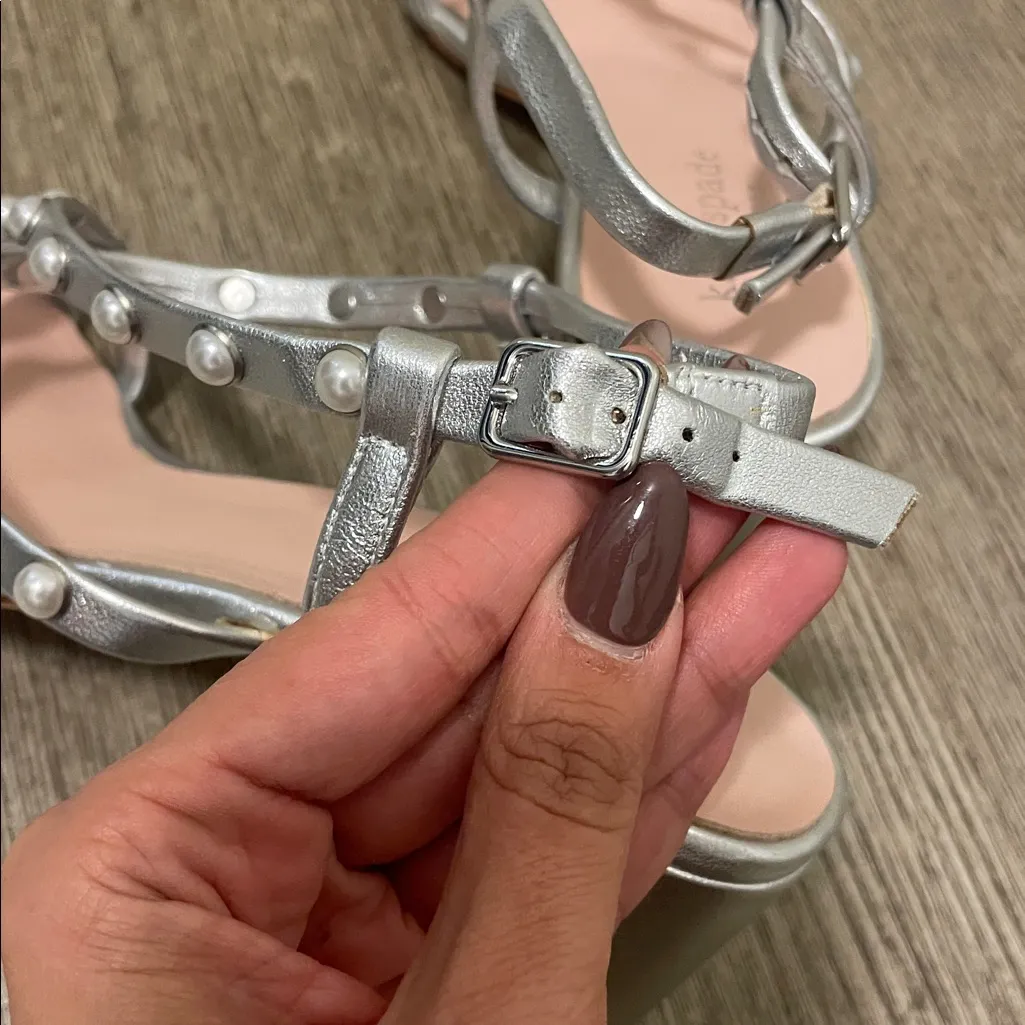 Kate Spade New York Silver Pearl-Studded Block Heel Wynne Sandals – Size 8M - Image 8