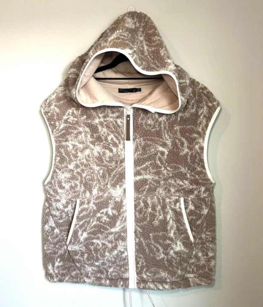 Prana Womens Polar Escape Vest Tan Sherpa Hoodie Full Zipper Jersey Lined Medium - Image 2