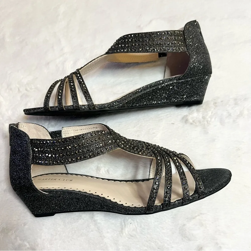 Charter Club Pewter Rhinestone Embellished Strappy Wedge Sandals Size 7.5 - Image 10