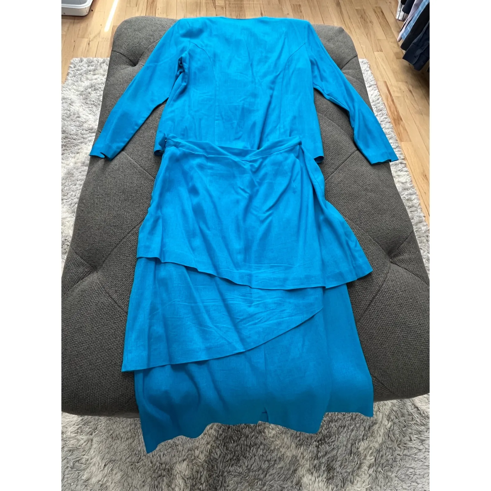 Vintage Skirt Suit Set Gold‎ Buttons Tiered Skirt Rayon Linen Size 8/10 Blue - Image 6