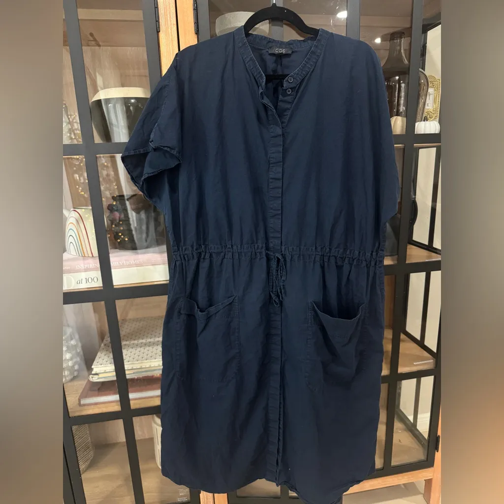 COS  navy midi dress elastic drawstring chambray cotton pockets button down shirt - Image 2