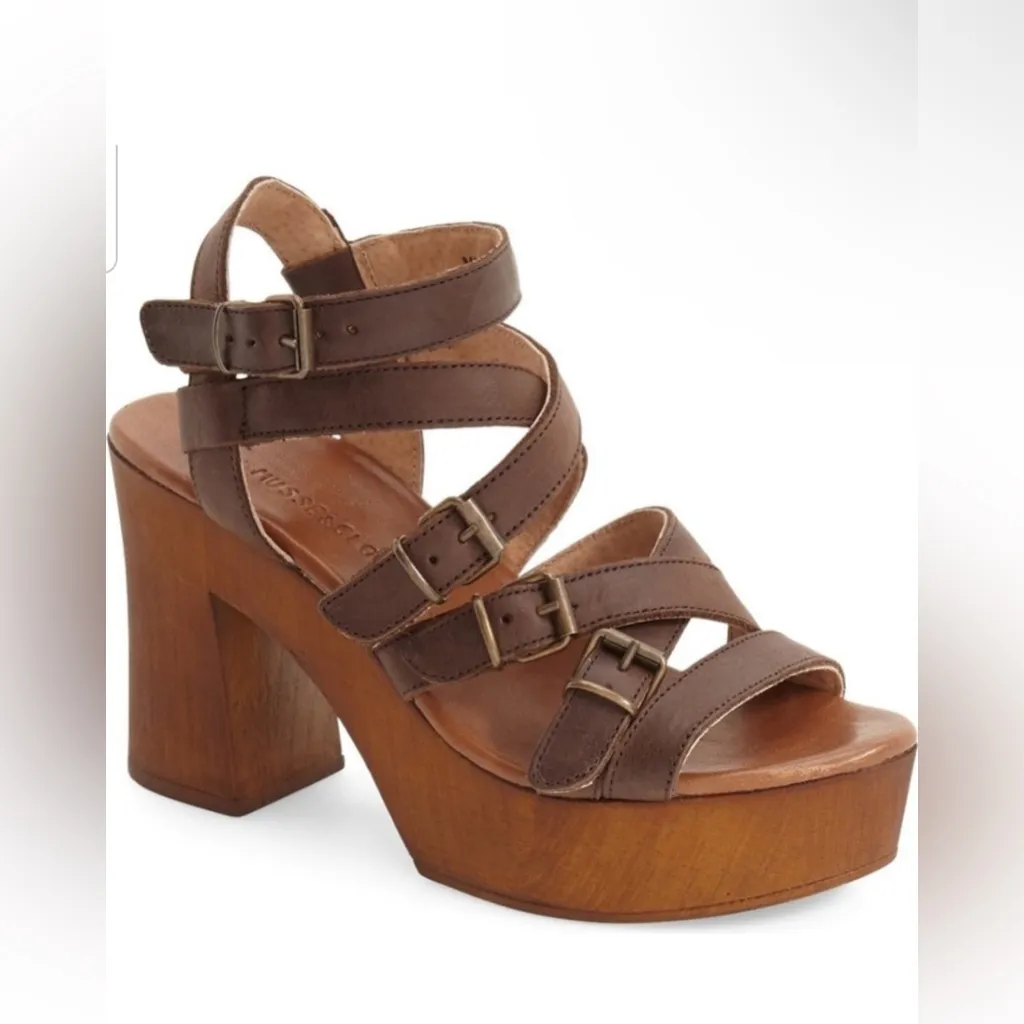 Musse & Cloud Malena Leather Platform Sandal Heel Shoe Brown Strappy Wood Buckle - Image 2