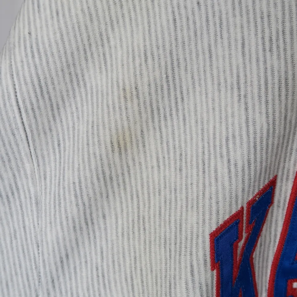 Vintage 90s KU Jayhawks Kansas Gray Pinstripe Sweatshirt Size M - Image 9