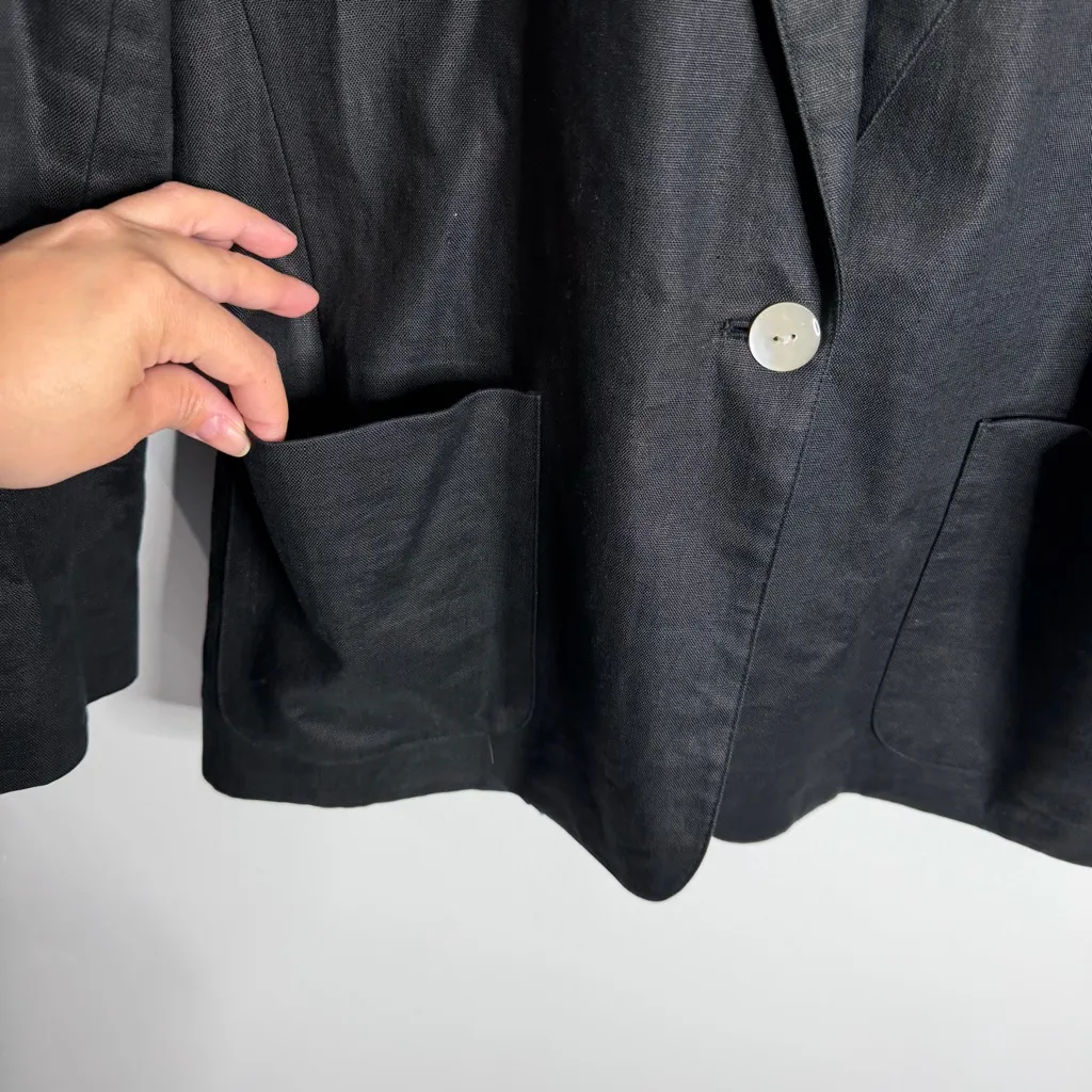 Talbots Vintage Black Linen Blazer One Button w/ Pockets Size 12 Patch Pockets - Image 5