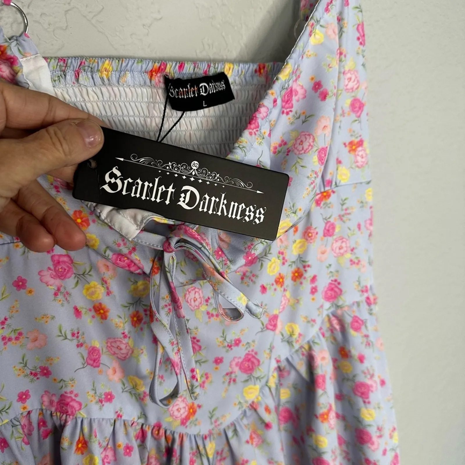 NEW Scarlet Darkness Lavender Floral Corset Mini Dress Smocked Back Spring Large Purple - Image 5