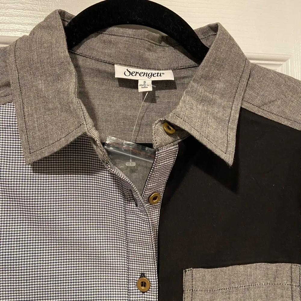 NWT Serengeti Size S Black Gray Check Colorblock Cotton Long Sleeve Button Shirt - Image 4
