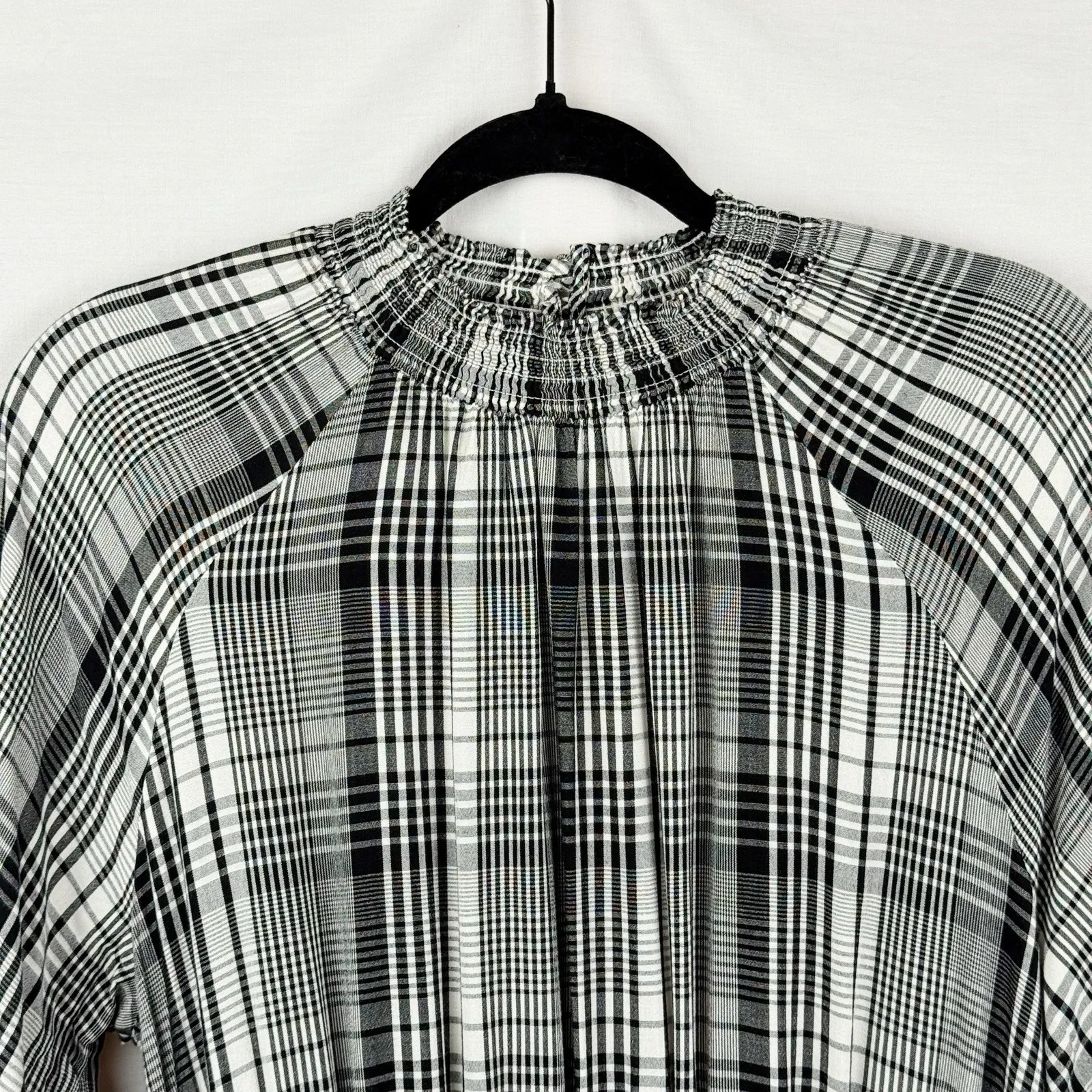 A New Day Smocked Plaid Long Sleeve Midi Dress Womens M Black White Rayon - Image 3