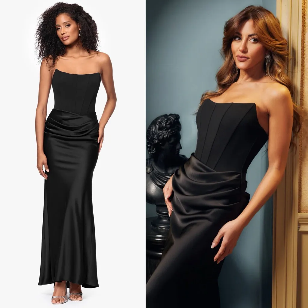 Betsy & Adam Debra Long Strapless Scuba Crepe and Satin Gown in Black 12 - Image 2