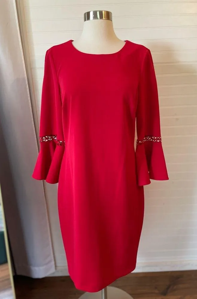 NWOT Calvin Klein Women's Red Bell Sleeve Knee Length Sheath Dress - Image 8