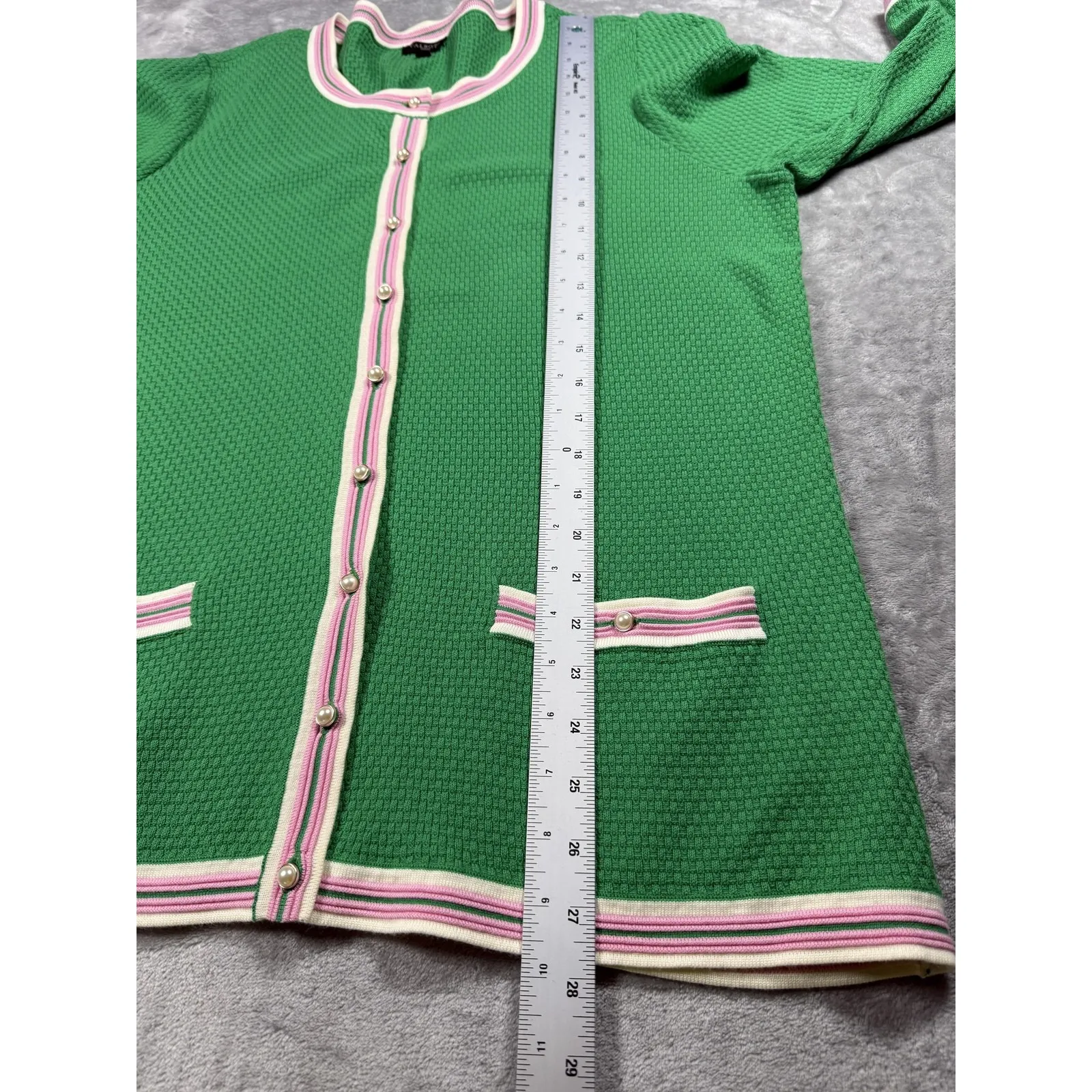 Talbots Cardigan Sweater Womens 1X Green Pink Stripe Trim Pearl Button Pockets - Image 10