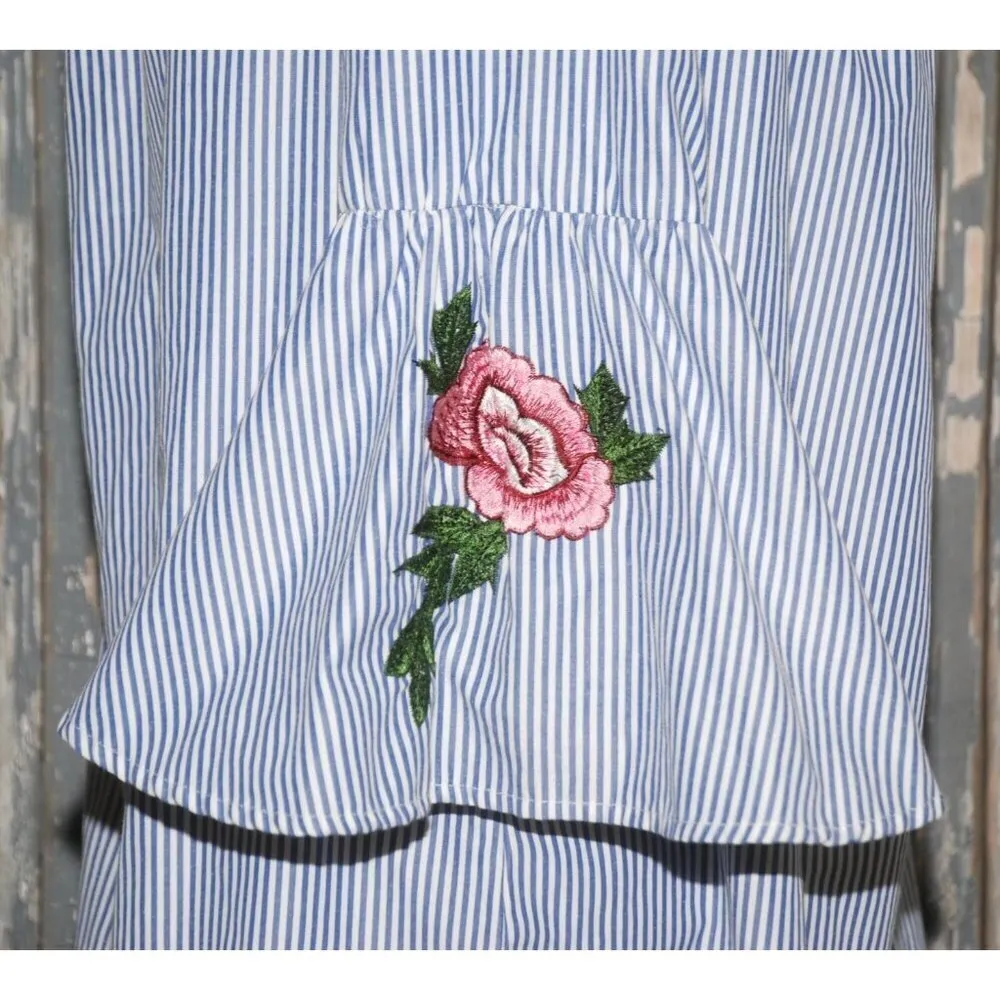 Mileage Blue Striped Embroidered Roses Blouse Top Plus Size 1X 3/4 Bell Sleeve - Image 8