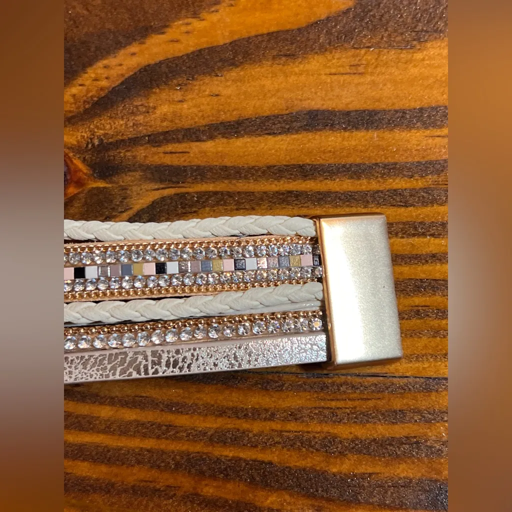 Gold Cream Heart and Stone Bracelet magnetic closure wide beaded cord boho artsy - Image 6