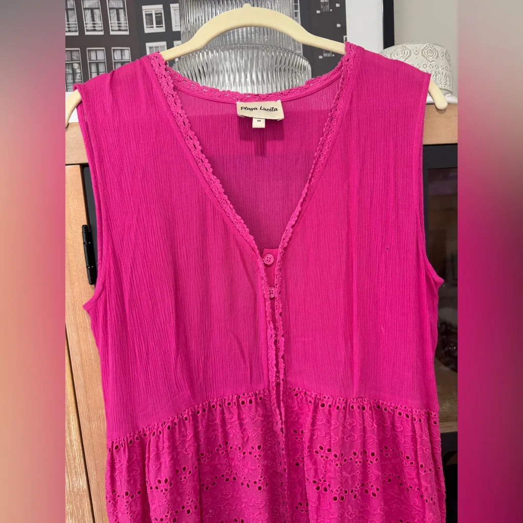 Playa Lucila eyelet maxi dress tiered embroidered gauze button down tiered hot Pink Size M - Image 4
