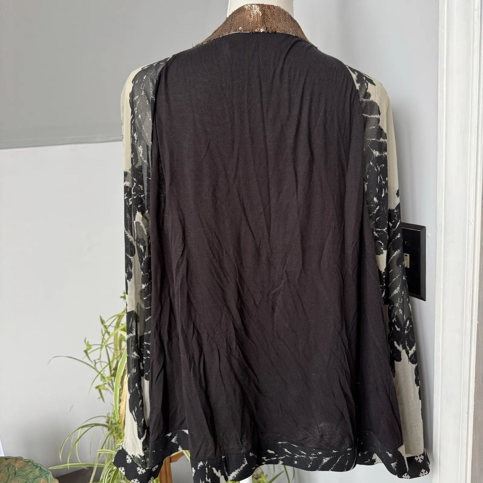 Soft Surroundings 1X‎ Black Cream Copper Sequin Sheer Dressy Cardigan Palm Print - Image 3
