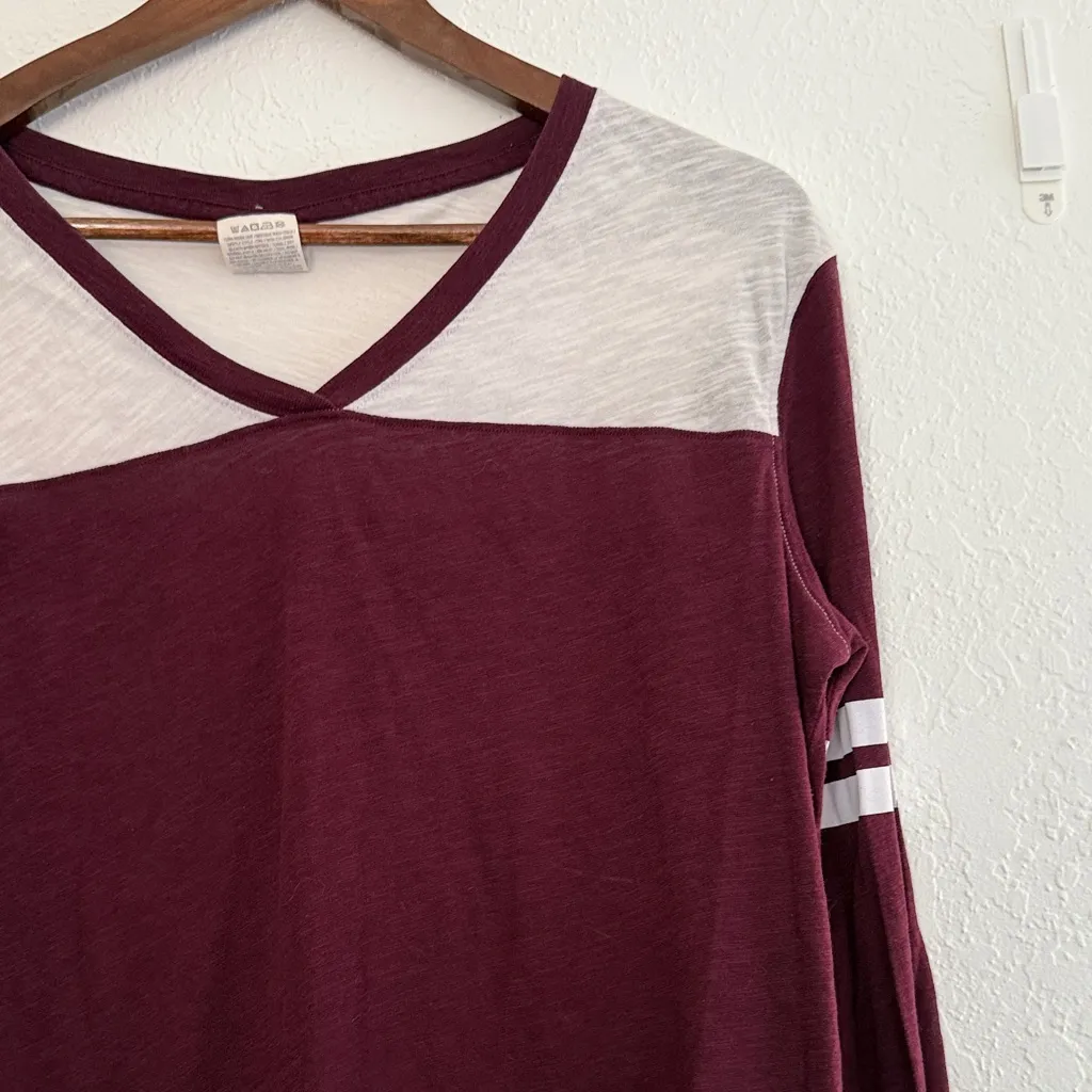 PINK Victoria’s Secret Burgundy White Long Sleeve V Neck Tee Women’s Size Medium - Image 4