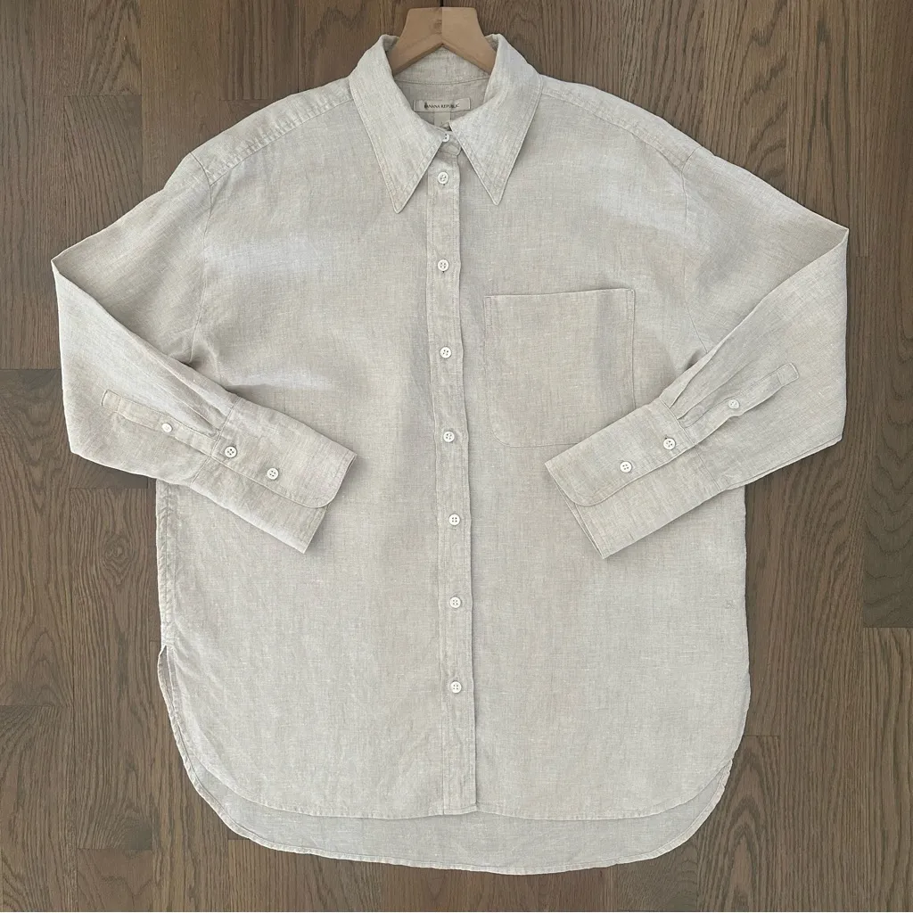 Banana Republic 100% Linen Button Front French Cuff Shirt in Beige Tan Medium - Image 5
