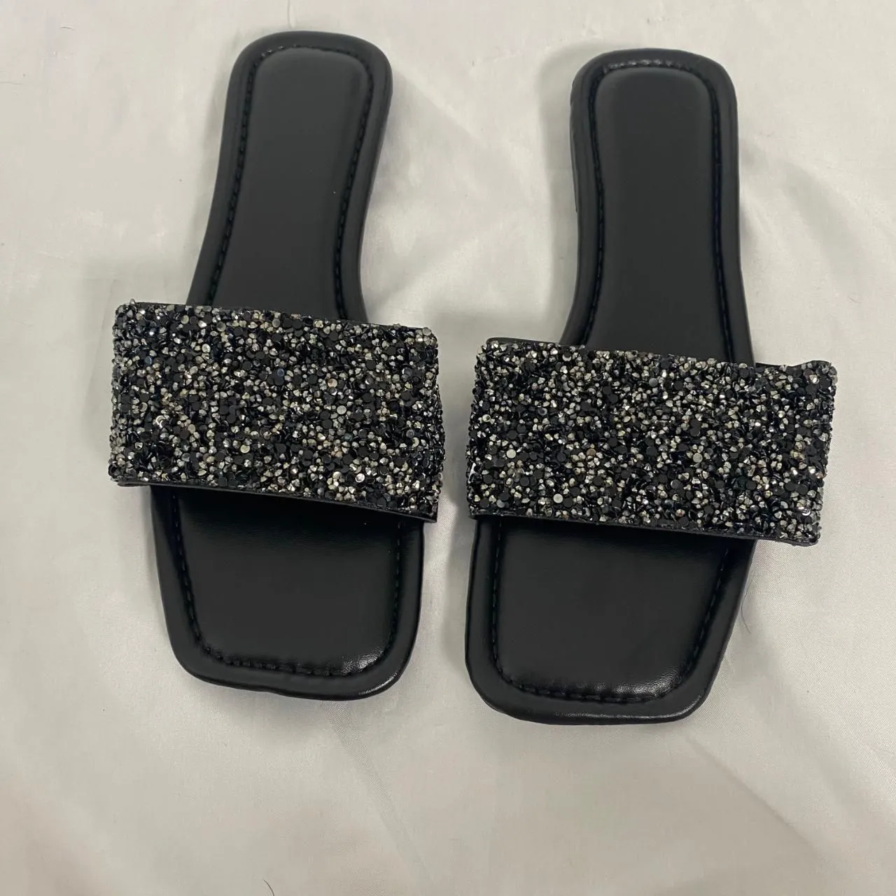 Black Silver Glam Sparkle Rhinestone Embellished Slide Sandals EU 42 / US 11.5 - Image 4