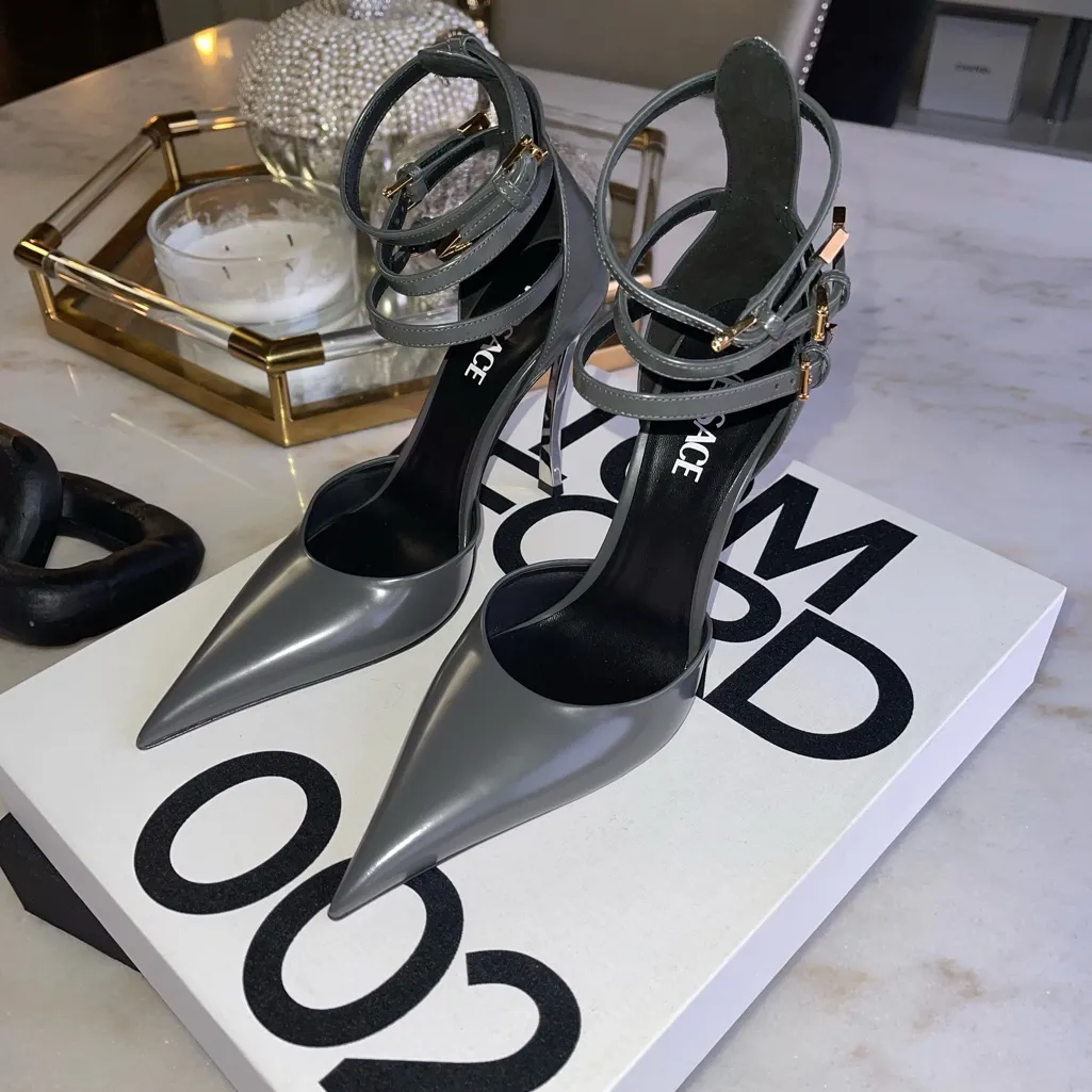 Versace Pin-Point Gray Leather Pumps Mixed Metal Stiletto Heels Buckle Straps - Image 9