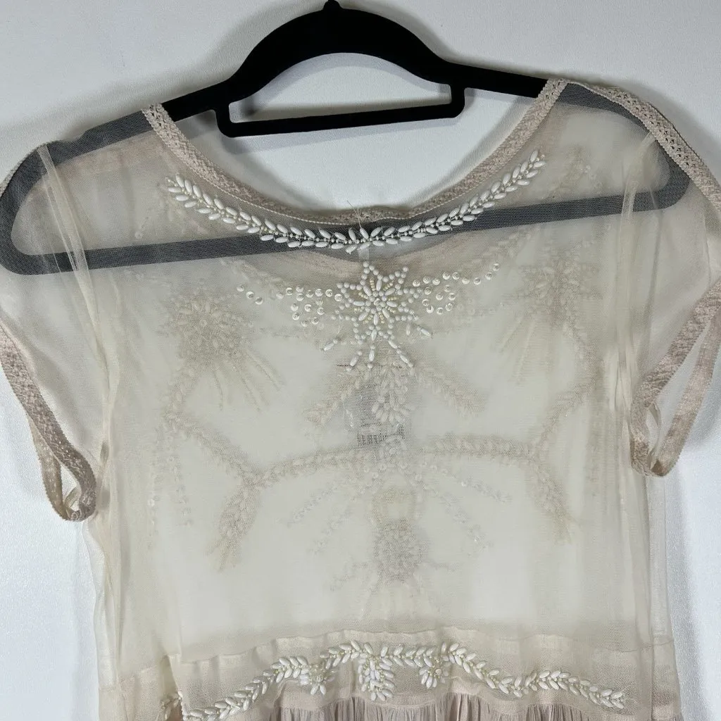 Free‎ People Top Womens Cream Sheer Beaded Mesh Boho Lace Top Size M NWT Boho - Image 10