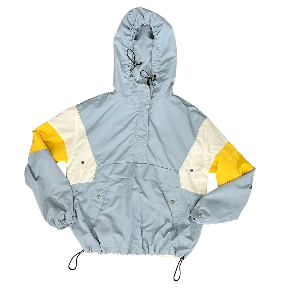 Bershka Blue White Yellow Colorblock Anorak Half Zip Snap Windbreaker size M - Image 10