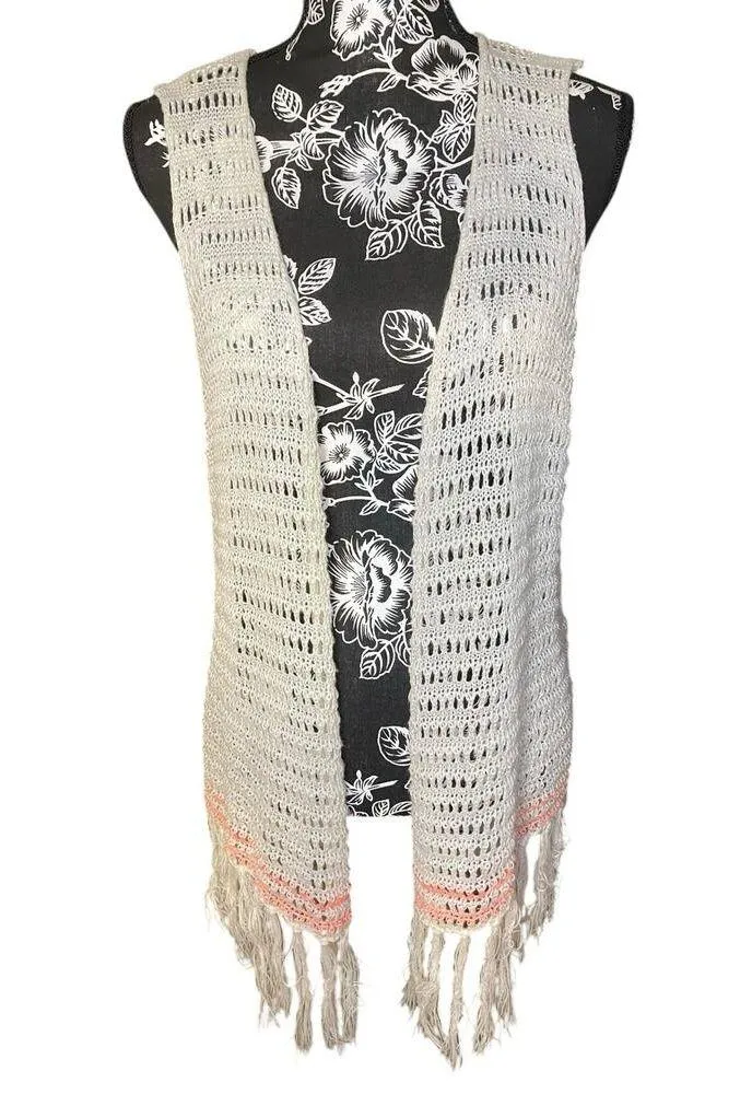 Vanity Women’s Fringe Cardigan Vest – Size Large – Boho Crochet Knit - Image 3
