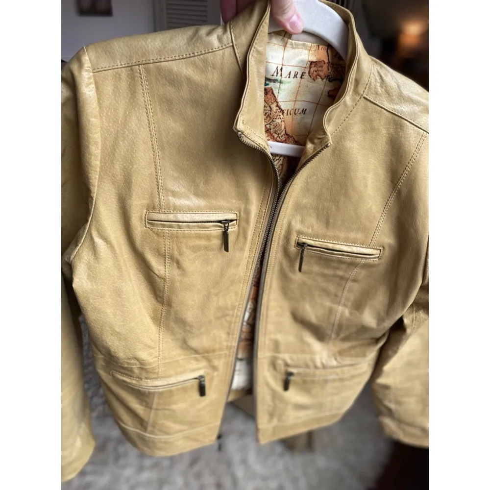 Ruff Hewn Camel Leather Jacket Moto World Map-Lined Traveler Parisian Scandi - Image 4