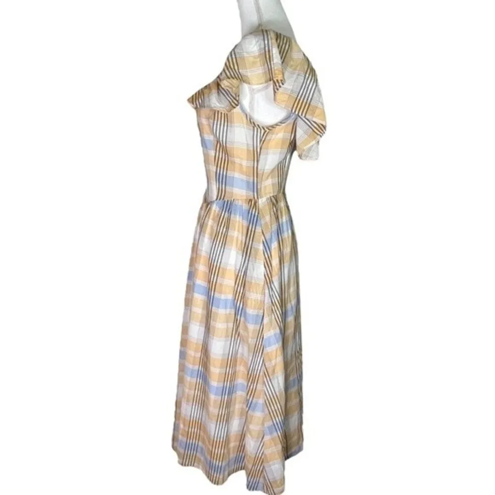 Saint Geraldine Polly Cotton Ruffle Cottagecore Kingsley Plaid Pocket Midi Dress Blue - Image 6