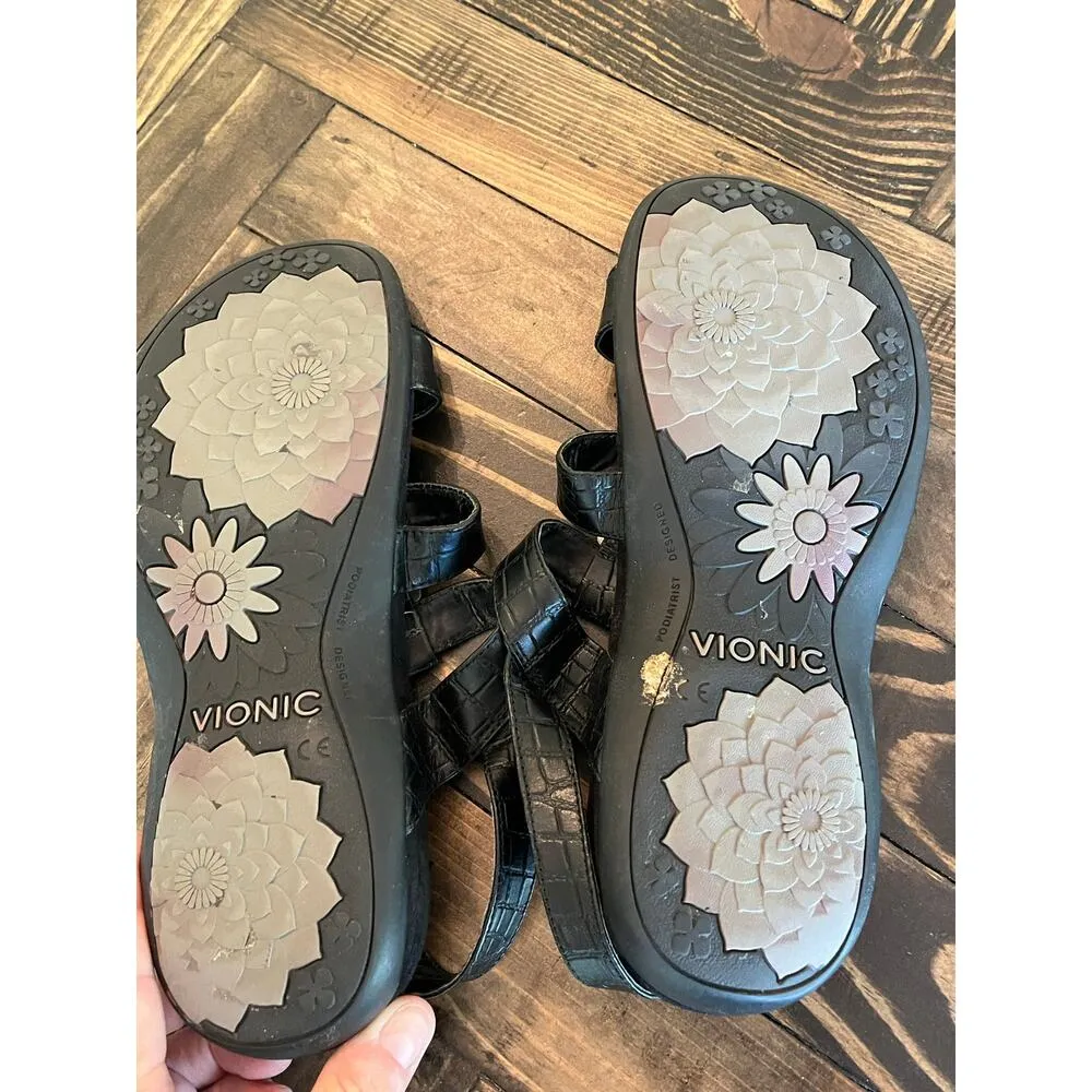 Vionic Sandals Women 8 Black Leather Orthotic Comfort Walking Travel Summer Shoe - Image 3