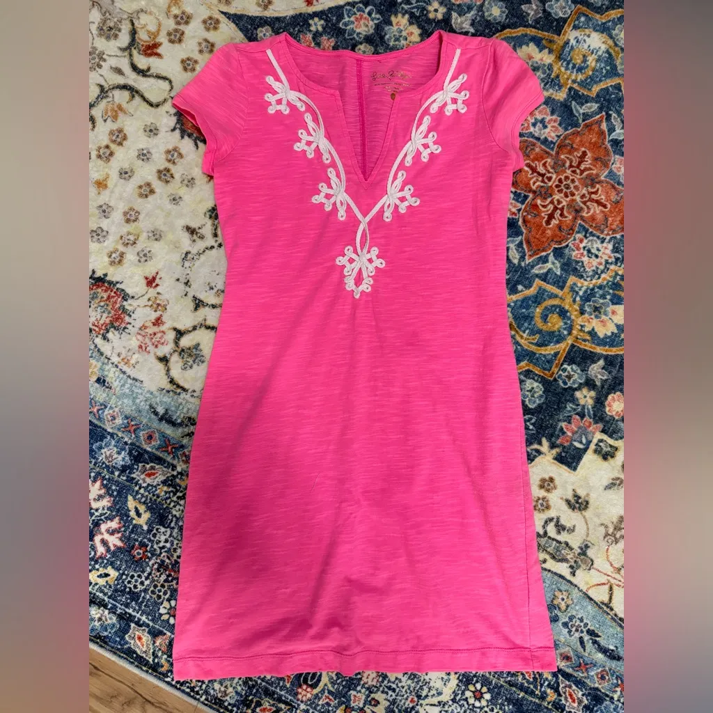 210 Lilly Pulitzer Brewster T-Shirt Barbie Hot Pink Dress White Embroidery xxs - Image 2