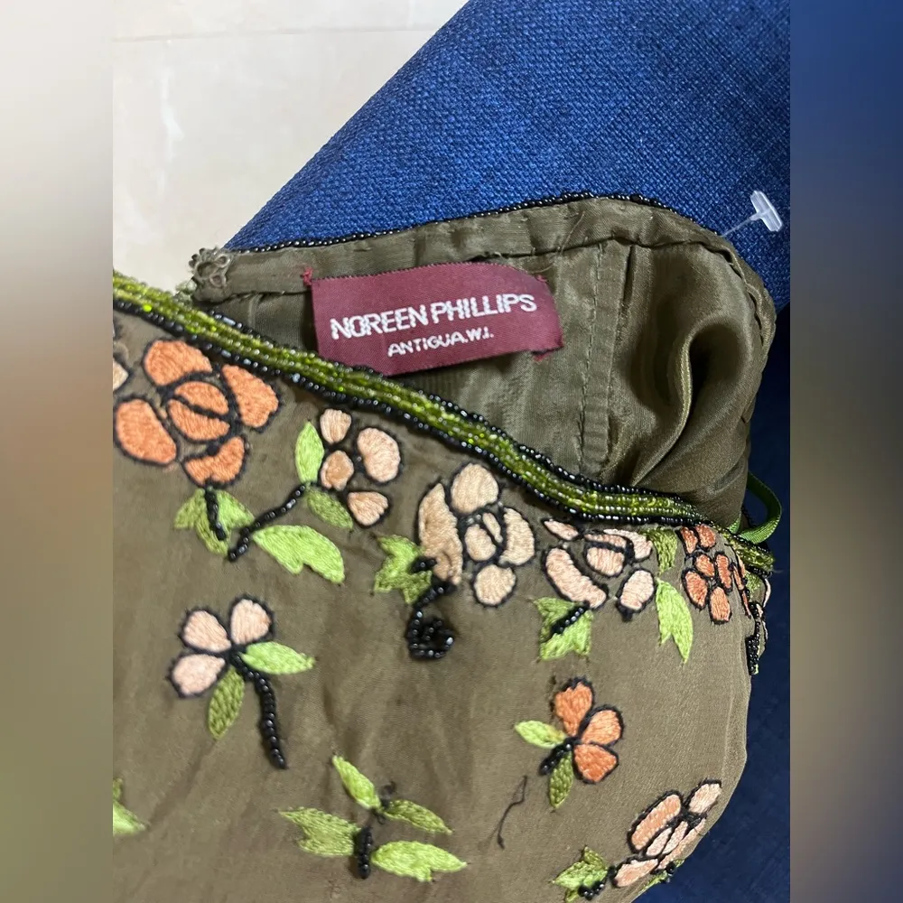 Noreen Phillips VTG Hand Embroidered Glass Beaded Floral Corset Top Olive Green Size M - Image 8