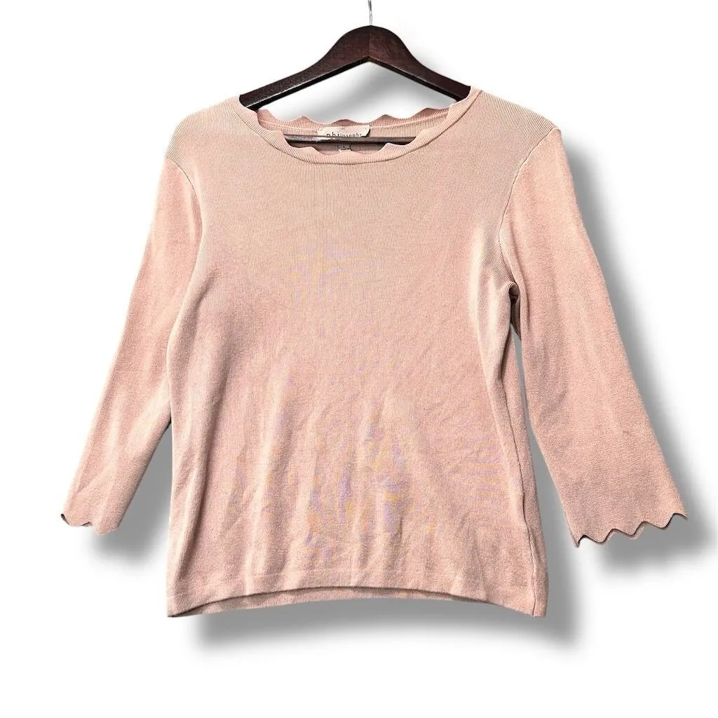 Philosophy Women's Pink Scalloped Edge Pullover Sweater L Quiet Luxury Cottage Size L - Image 2