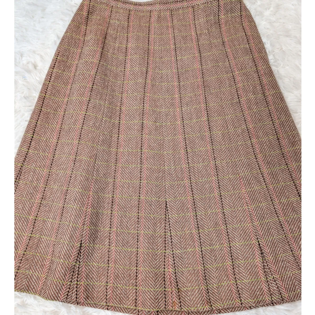 Vintage 1990s Tweed A-Line Skirt Brown Pink Green Plaid Wool Blend - Image 7