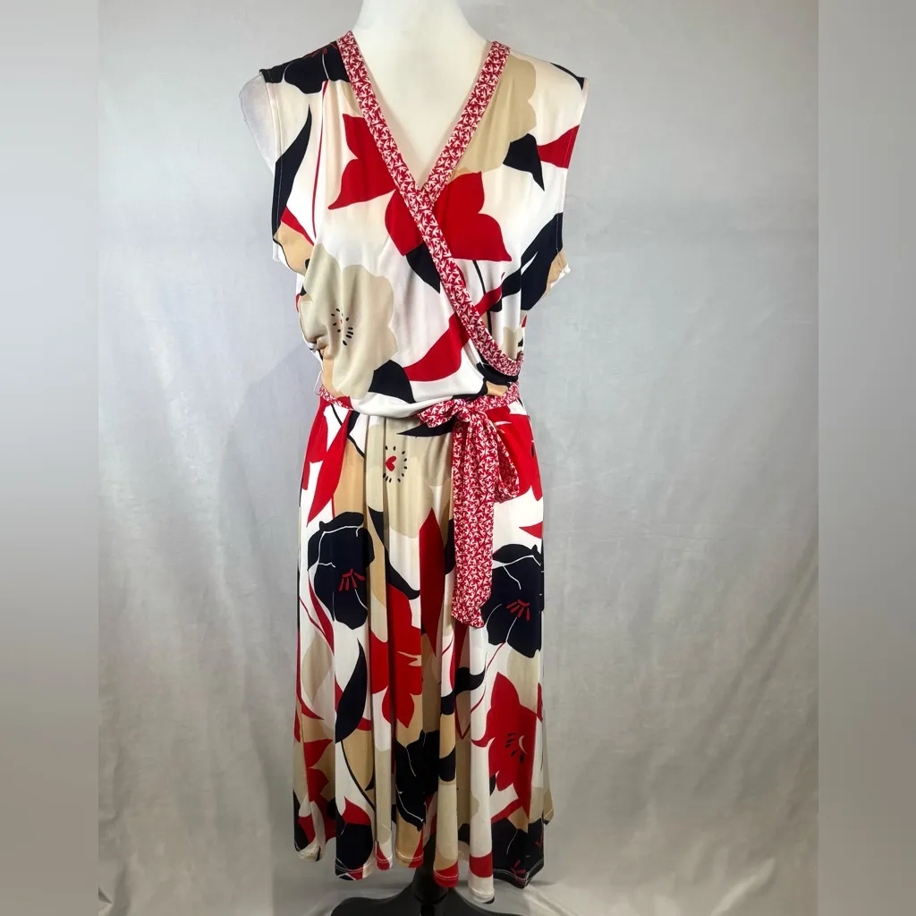 Leota mixed print red navy tan and white faux wrap midi dress size large - Image 3