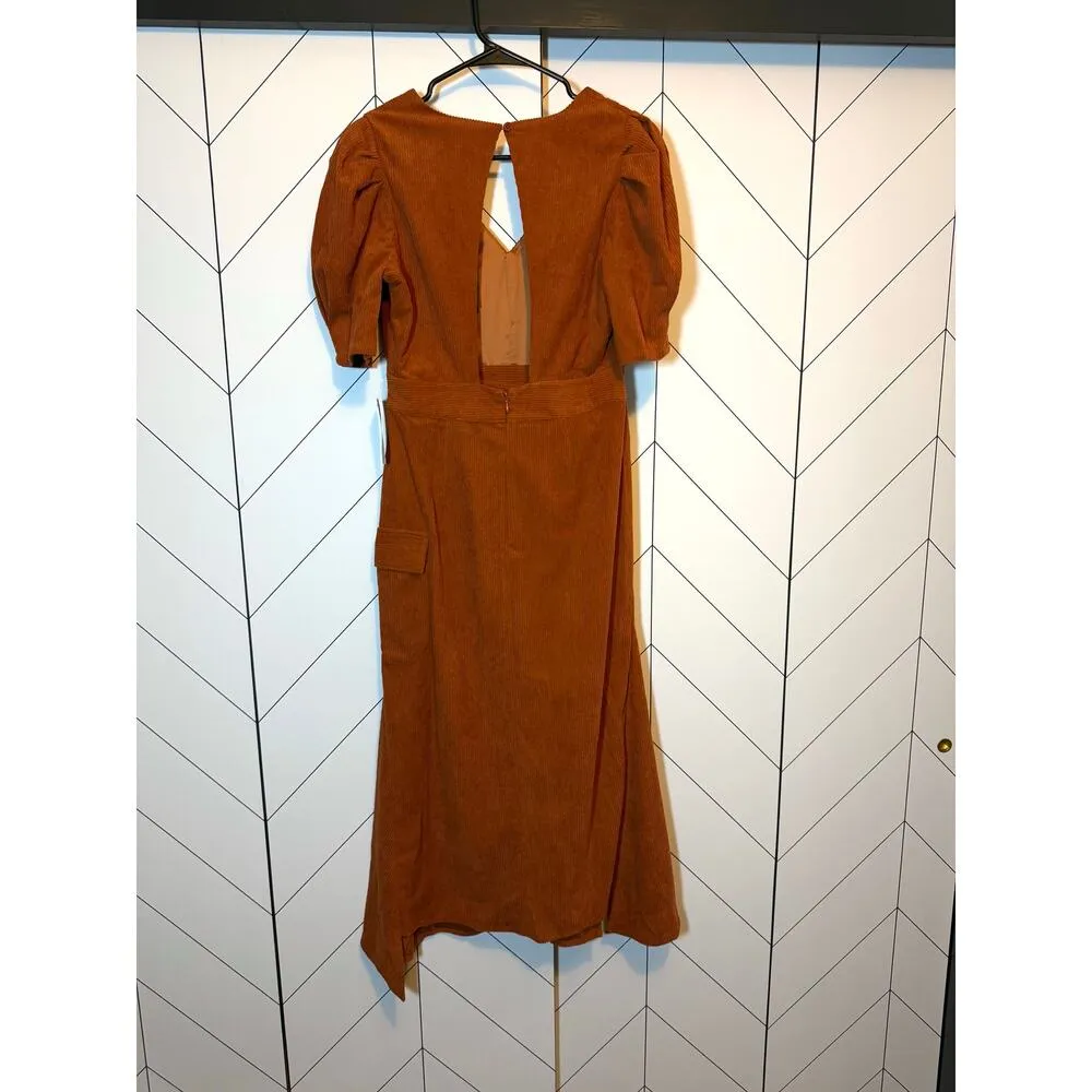Du Paradis Womens Small Copper Rust Corduroy Puff Sleeve Faux Wrap Midi Dress Orange - Image 3